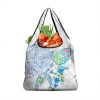 Hawaiian Couple Turtles Honi Grocery Bag Polynesian Art Motifs and Hibiscus White Blue Color - Polynesian Pride