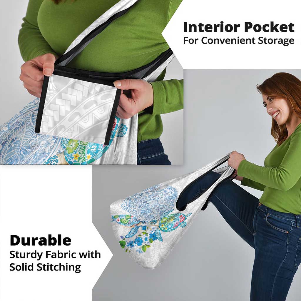 Hawaiian Couple Turtles Honi Grocery Bag Polynesian Art Motifs and Hibiscus White Blue Color - Polynesian Pride