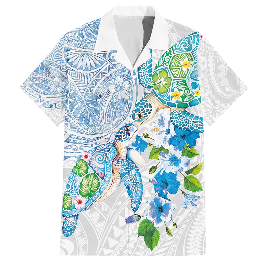 Hawaiian Couple Turtles Honi Hawaiian Shirt Polynesian Art Motifs and Hibiscus White Blue Color - Polynesian Pride