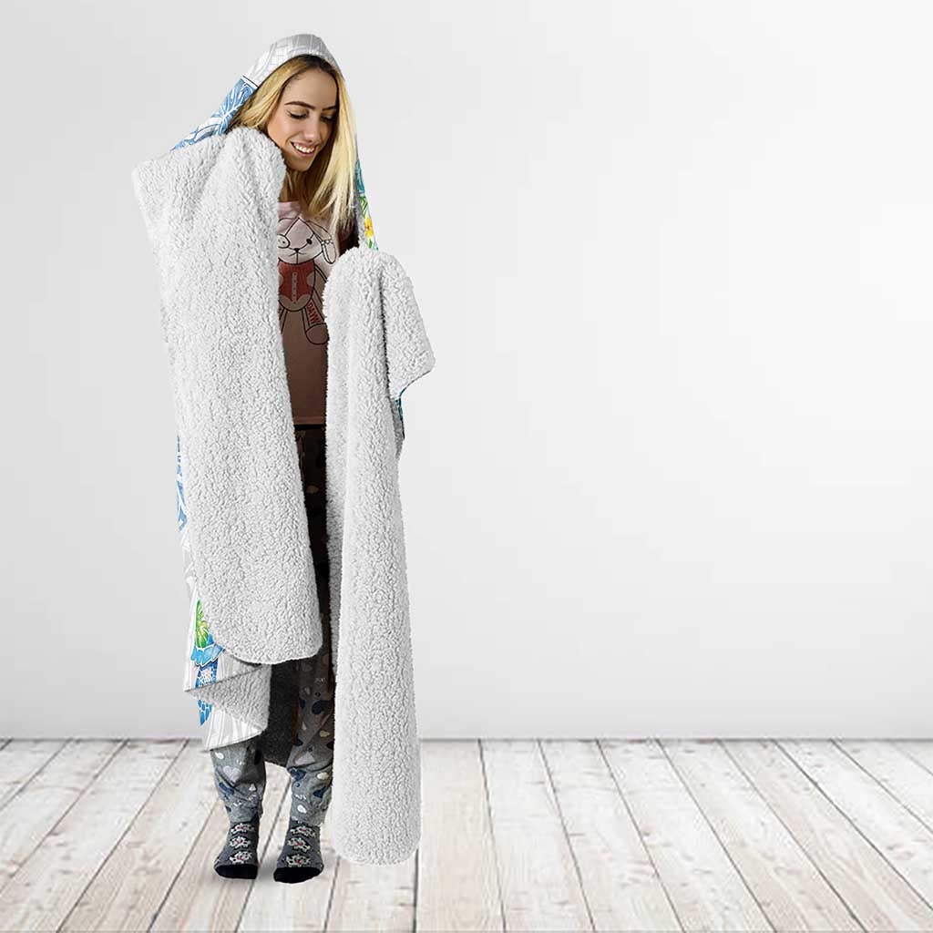 Hawaiian Couple Turtles Honi Hooded Blanket Polynesian Art Motifs and Hibiscus White Blue Color - Polynesian Pride