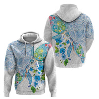 Hawaiian Couple Turtles Honi Hoodie Polynesian Art Motifs and Hibiscus White Blue Color - Polynesian Pride