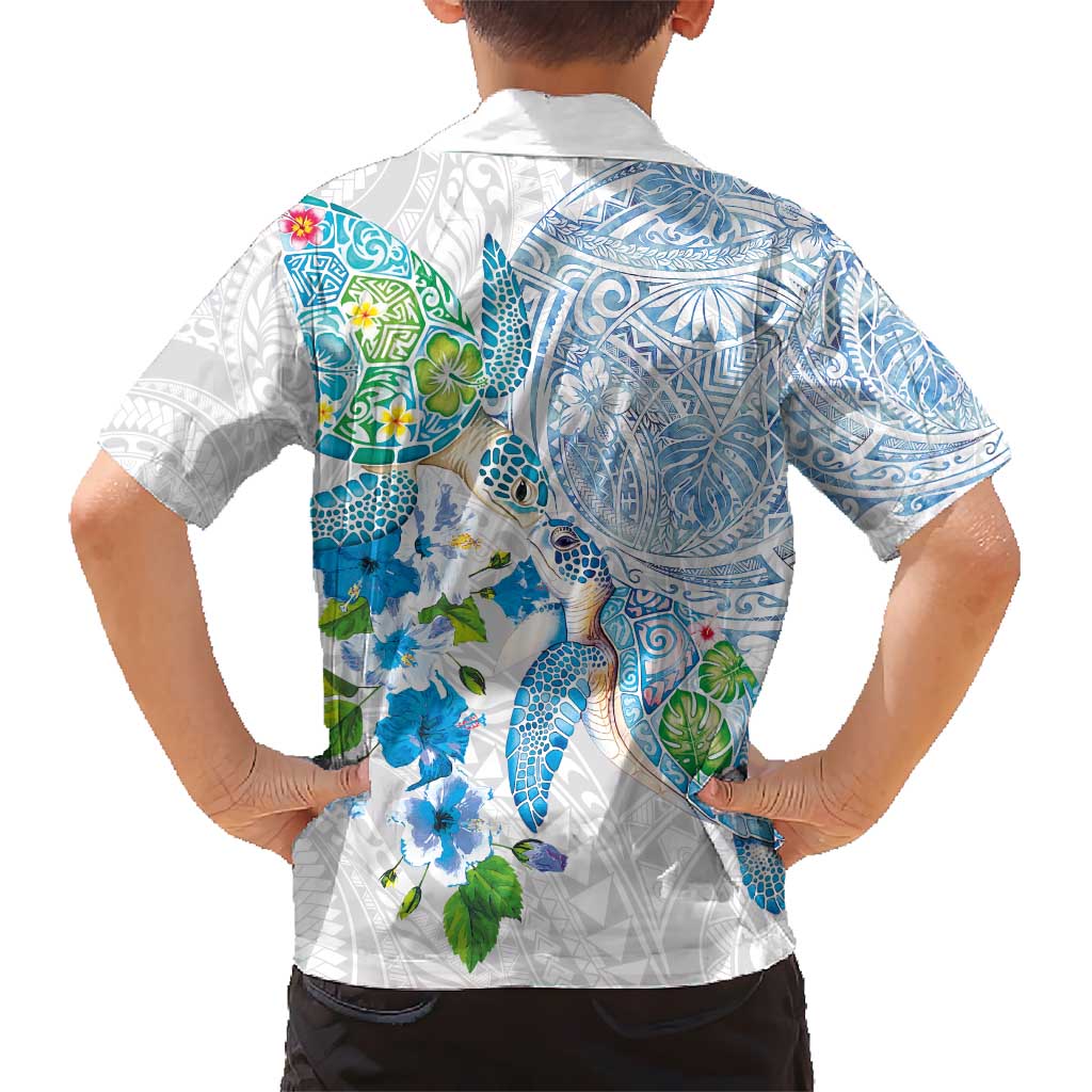 Hawaiian Couple Turtles Honi Kid Hawaiian Shirt Polynesian Art Motifs and Hibiscus White Blue Color - Polynesian Pride