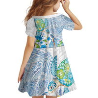 Hawaiian Couple Turtles Honi Kid Short Sleeve Dress Polynesian Art Motifs and Hibiscus White Blue Color - Polynesian Pride