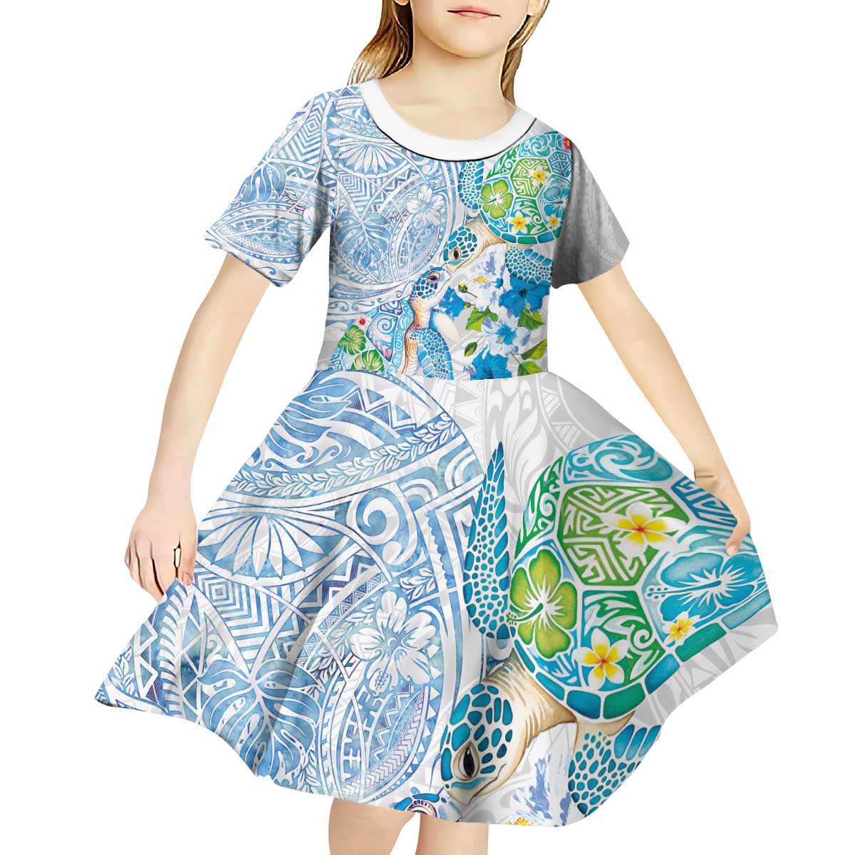 Hawaiian Couple Turtles Honi Kid Short Sleeve Dress Polynesian Art Motifs and Hibiscus White Blue Color - Polynesian Pride