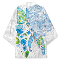Hawaiian Couple Turtles Honi Kimono Polynesian Art Motifs and Hibiscus White Blue Color - Polynesian Pride