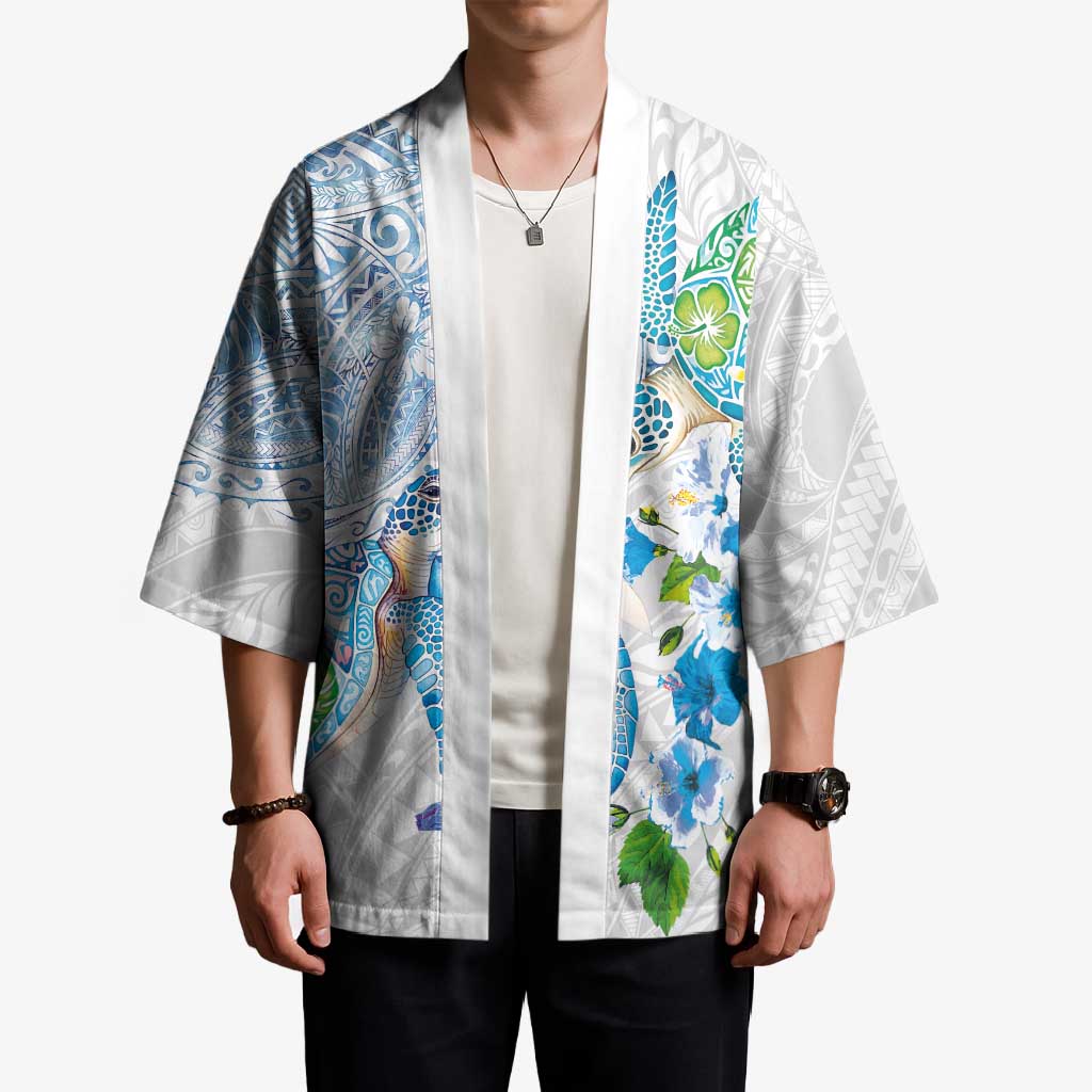 Hawaiian Couple Turtles Honi Kimono Polynesian Art Motifs and Hibiscus White Blue Color - Polynesian Pride