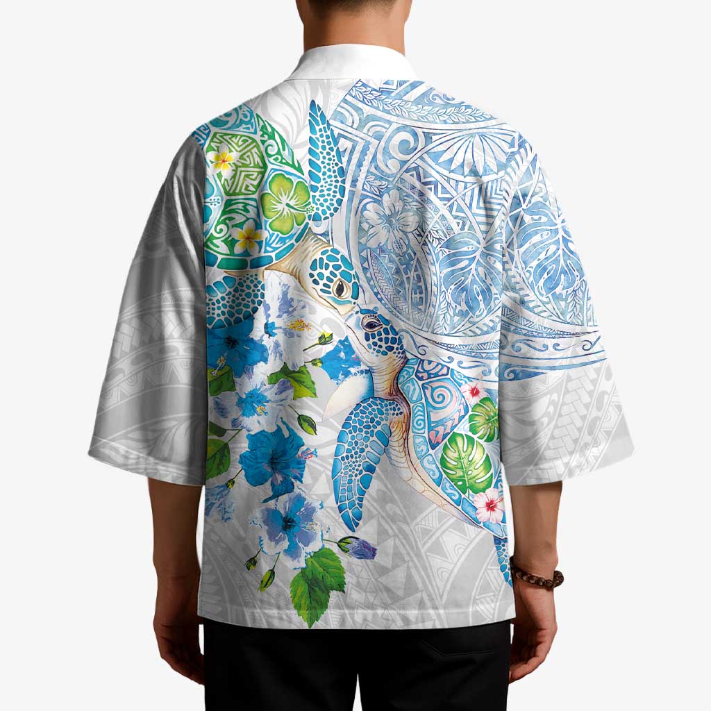 Hawaiian Couple Turtles Honi Kimono Polynesian Art Motifs and Hibiscus White Blue Color - Polynesian Pride