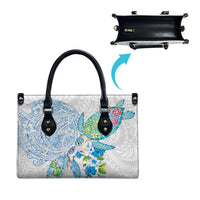 Hawaiian Couple Turtles Honi Leather Bag Polynesian Art Motifs and Hibiscus White Blue Color - Polynesian Pride