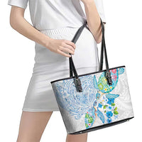 Hawaiian Couple Turtles Honi Leather Tote Bag Polynesian Art Motifs and Hibiscus White Blue Color - Polynesian Pride