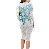Hawaiian Couple Turtles Honi Long Sleeve Bodycon Dress Polynesian Art Motifs and Hibiscus White Blue Color - Polynesian Pride