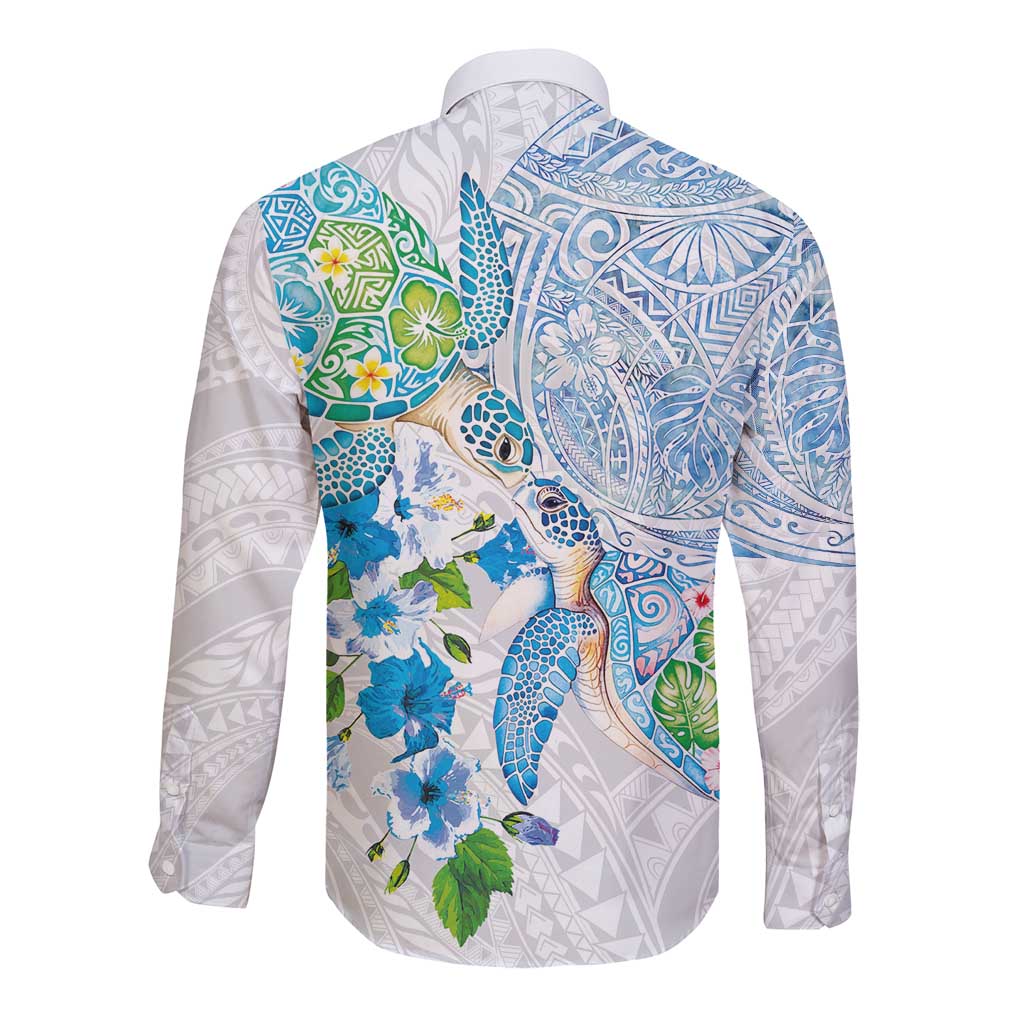 Hawaiian Couple Turtles Honi Long Sleeve Button Shirt Polynesian Art Motifs and Hibiscus White Blue Color - Polynesian Pride