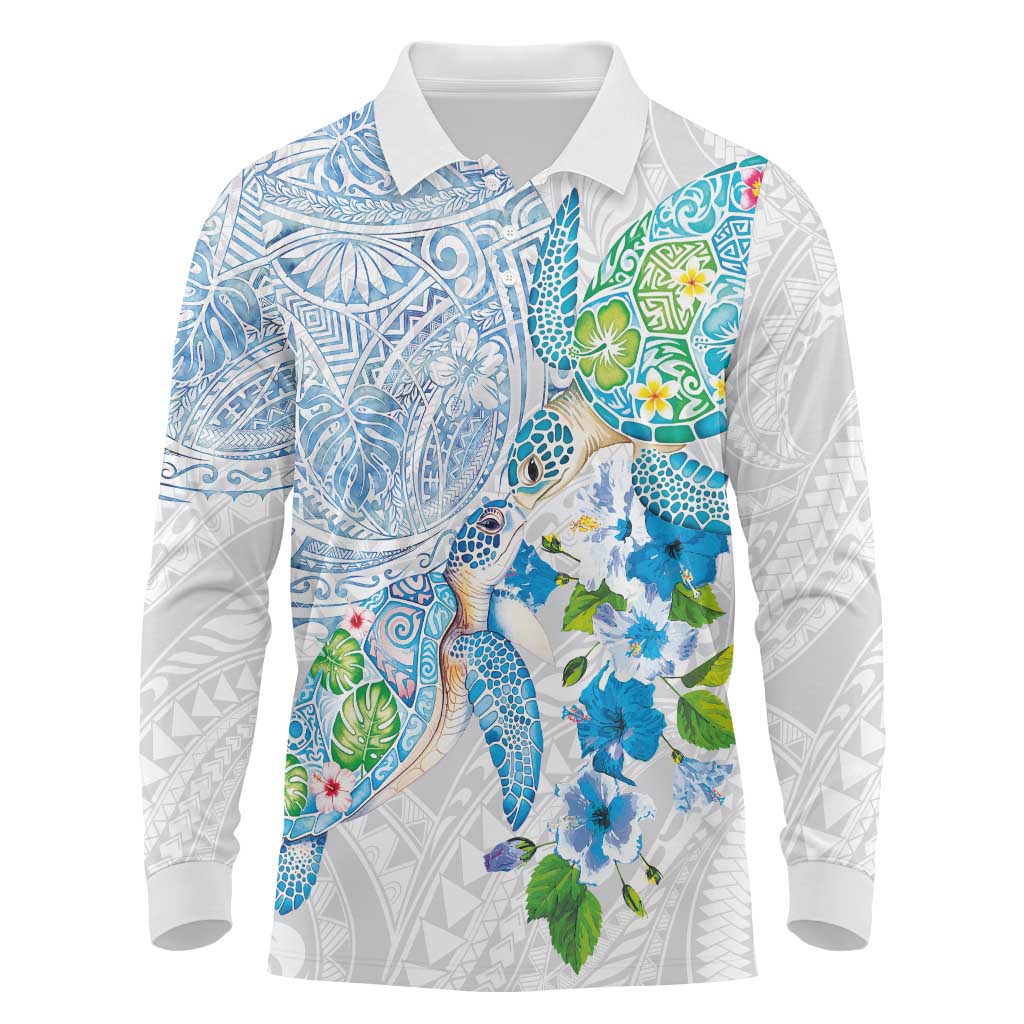 Hawaiian Couple Turtles Honi Long Sleeve Polo Shirt Polynesian Art Motifs and Hibiscus White Blue Color - Polynesian Pride