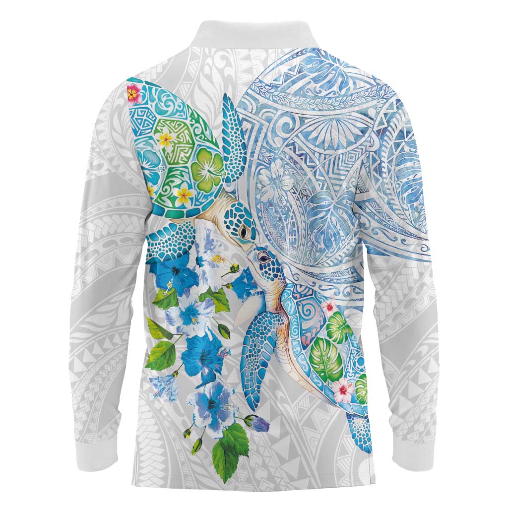 Hawaiian Couple Turtles Honi Long Sleeve Polo Shirt Polynesian Art Motifs and Hibiscus White Blue Color - Polynesian Pride