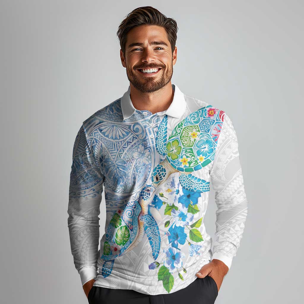 Hawaiian Couple Turtles Honi Long Sleeve Polo Shirt Polynesian Art Motifs and Hibiscus White Blue Color - Polynesian Pride