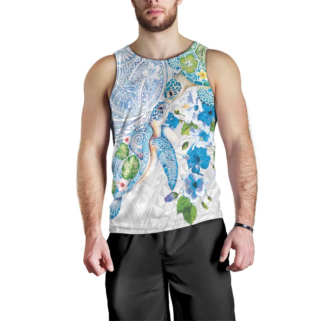 Hawaiian Couple Turtles Honi Men Tank Top Polynesian Art Motifs and Hibiscus White Blue Color - Polynesian Pride