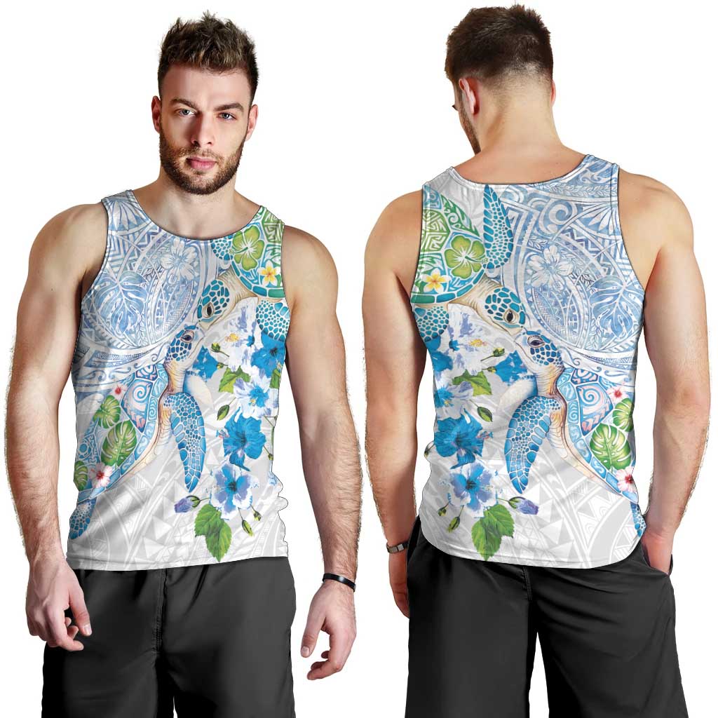 Hawaiian Couple Turtles Honi Men Tank Top Polynesian Art Motifs and Hibiscus White Blue Color - Polynesian Pride