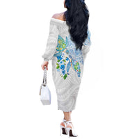 Hawaiian Couple Turtles Honi Off The Shoulder Long Sleeve Dress Polynesian Art Motifs and Hibiscus White Blue Color - Polynesian Pride