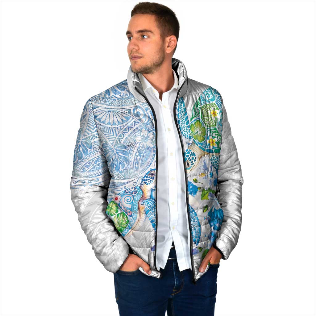 Hawaiian Couple Turtles Honi Padded Jacket Polynesian Art Motifs and Hibiscus White Blue Color - Polynesian Pride