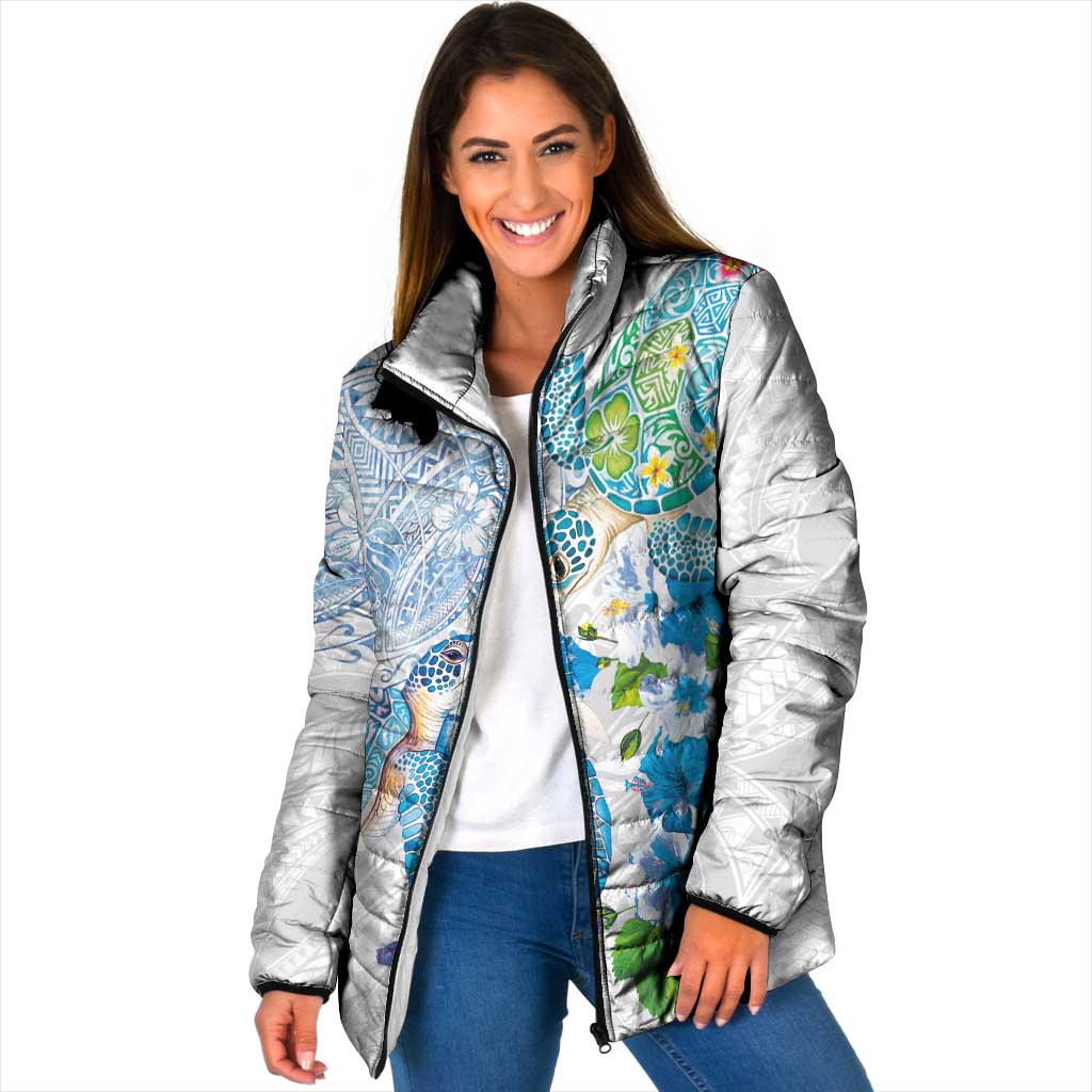 Hawaiian Couple Turtles Honi Padded Jacket Polynesian Art Motifs and Hibiscus White Blue Color - Polynesian Pride