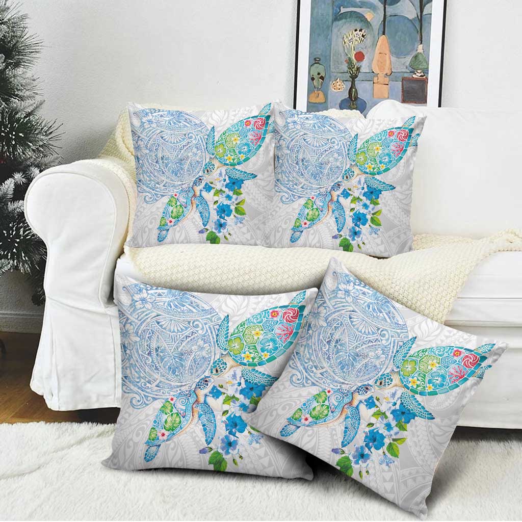 Hawaiian Couple Turtles Honi Pillow Cover Polynesian Art Motifs and Hibiscus White Blue Color - Polynesian Pride