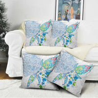 Hawaiian Couple Turtles Honi Pillow Cover Polynesian Art Motifs and Hibiscus White Blue Color - Polynesian Pride