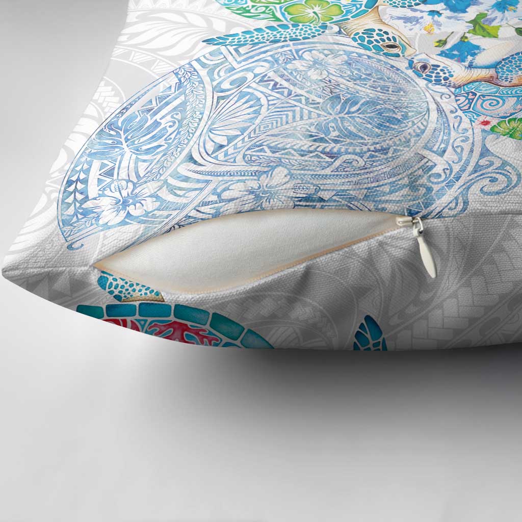 Hawaiian Couple Turtles Honi Pillow Cover Polynesian Art Motifs and Hibiscus White Blue Color - Polynesian Pride