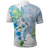 Hawaiian Couple Turtles Honi Polo Shirt Polynesian Art Motifs and Hibiscus White Blue Color - Polynesian Pride