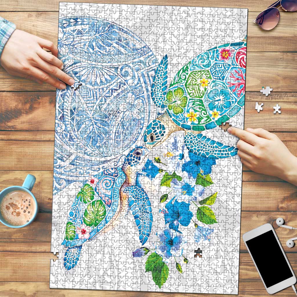 Hawaiian Couple Turtles Honi Puzzle Polynesian Art Motifs and Hibiscus White Blue Color - Polynesian Pride