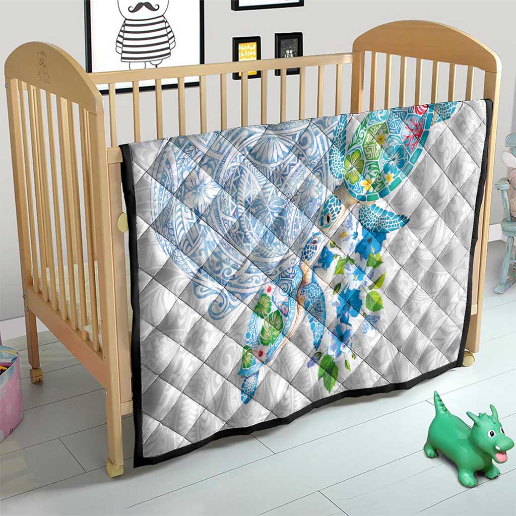 Hawaiian Couple Turtles Honi Quilt Polynesian Art Motifs and Hibiscus White Blue Color - Polynesian Pride