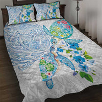 Hawaiian Couple Turtles Honi Quilt Bed Set Polynesian Art Motifs and Hibiscus White Blue Color - Polynesian Pride