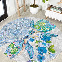 Hawaiian Couple Turtles Honi Round Carpet Polynesian Art Motifs and Hibiscus White Blue Color - Polynesian Pride