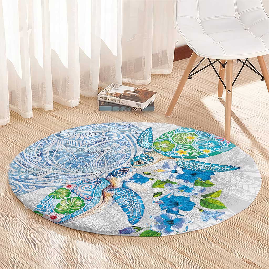 Hawaiian Couple Turtles Honi Round Carpet Polynesian Art Motifs and Hibiscus White Blue Color - Polynesian Pride