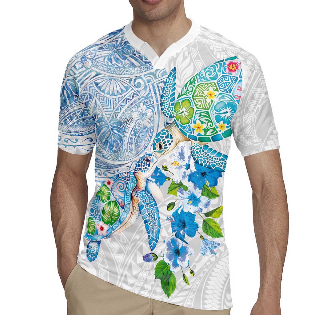 Hawaiian Couple Turtles Honi Rugby Jersey Polynesian Art Motifs and Hibiscus White Blue Color - Polynesian Pride