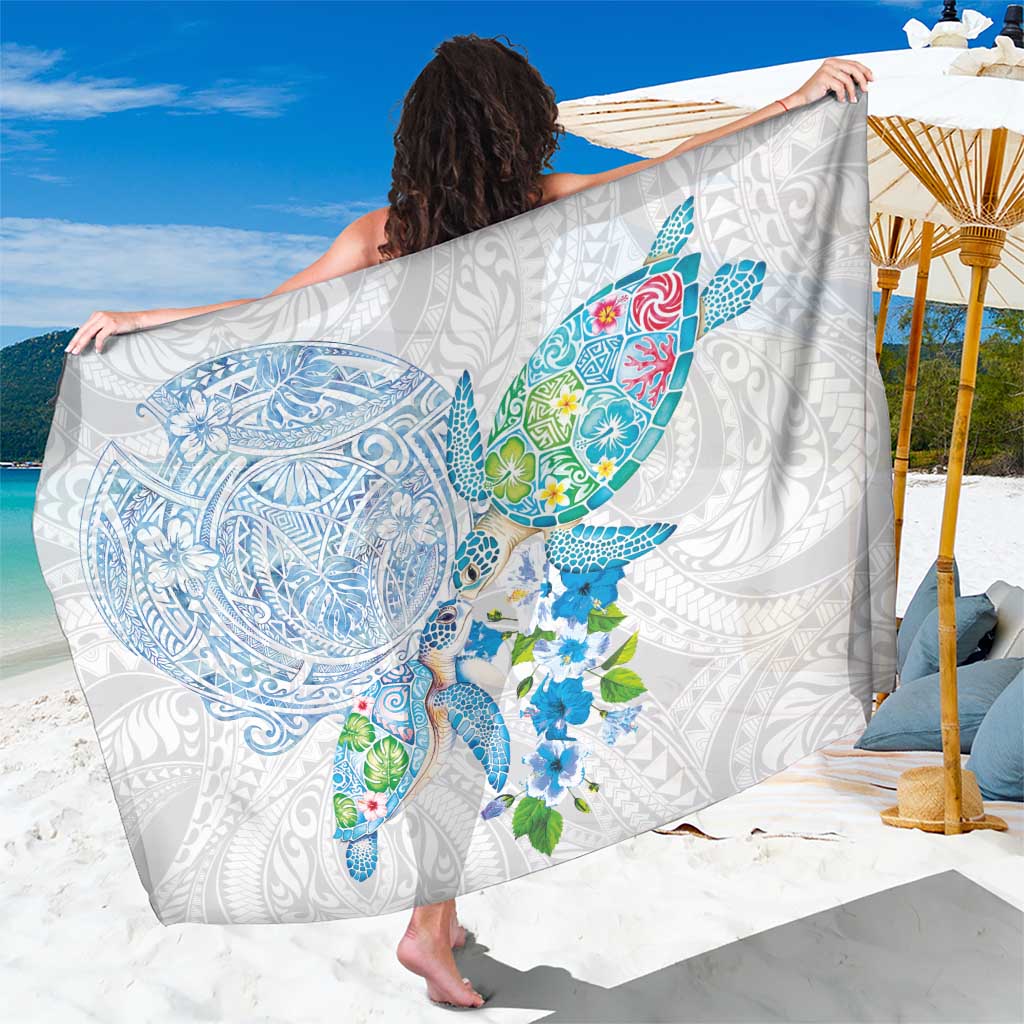 Hawaiian Couple Turtles Honi Sarong Polynesian Art Motifs and Hibiscus White Blue Color - Polynesian Pride
