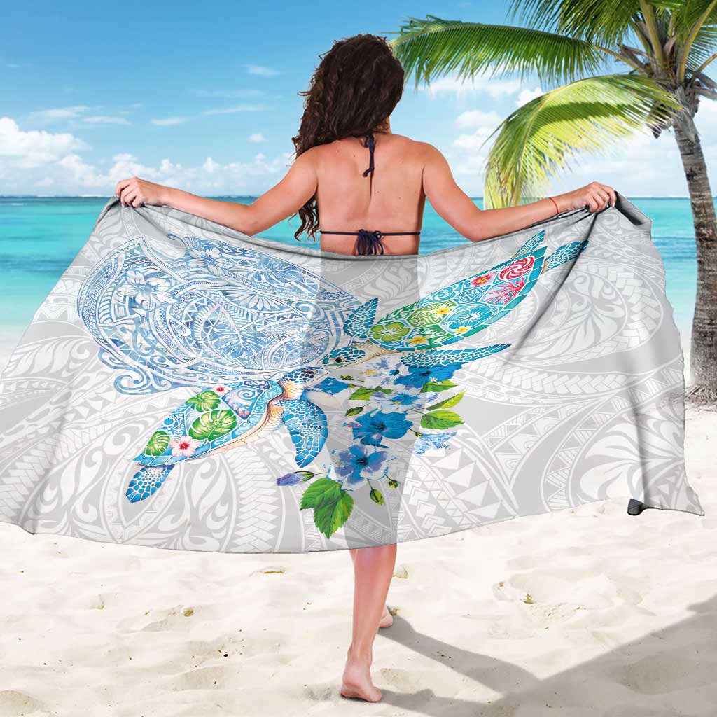 Hawaiian Couple Turtles Honi Sarong Polynesian Art Motifs and Hibiscus White Blue Color - Polynesian Pride