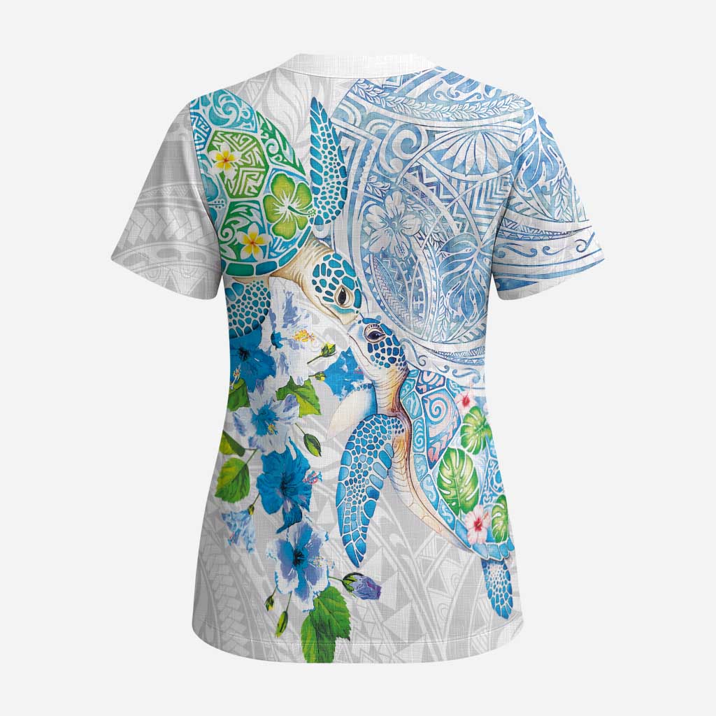 Hawaiian Couple Turtles Honi Scrub Top Polynesian Art Motifs and Hibiscus White Blue Color - Polynesian Pride