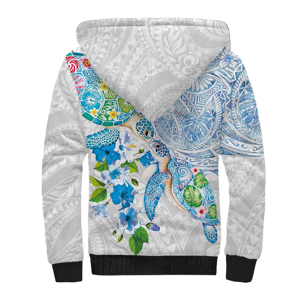 Hawaiian Couple Turtles Honi Sherpa Hoodie Polynesian Art Motifs and Hibiscus White Blue Color - Polynesian Pride