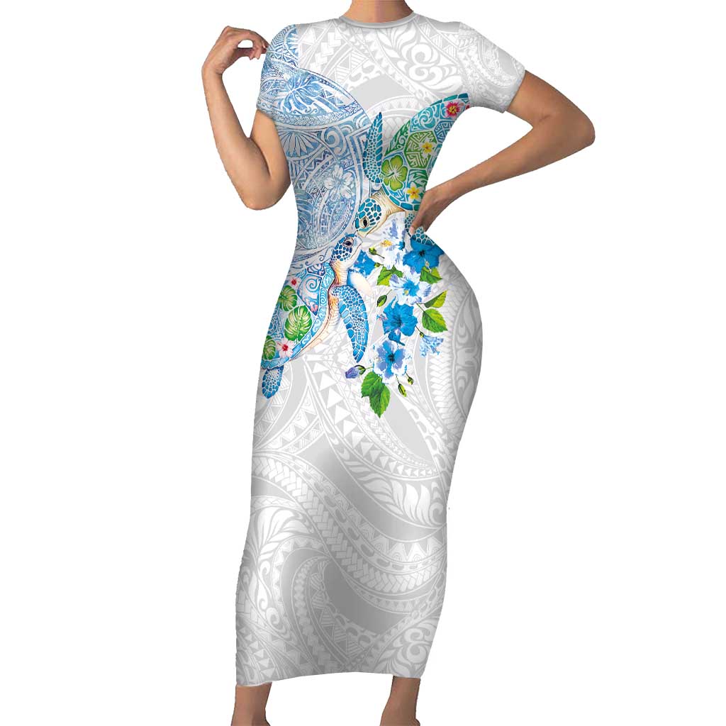 Hawaiian Couple Turtles Honi Short Sleeve Bodycon Dress Polynesian Art Motifs and Hibiscus White Blue Color - Polynesian Pride