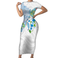 Hawaiian Couple Turtles Honi Short Sleeve Bodycon Dress Polynesian Art Motifs and Hibiscus White Blue Color - Polynesian Pride