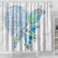 Hawaiian Couple Turtles Honi Shower Curtain Polynesian Art Motifs and Hibiscus White Blue Color - Polynesian Pride