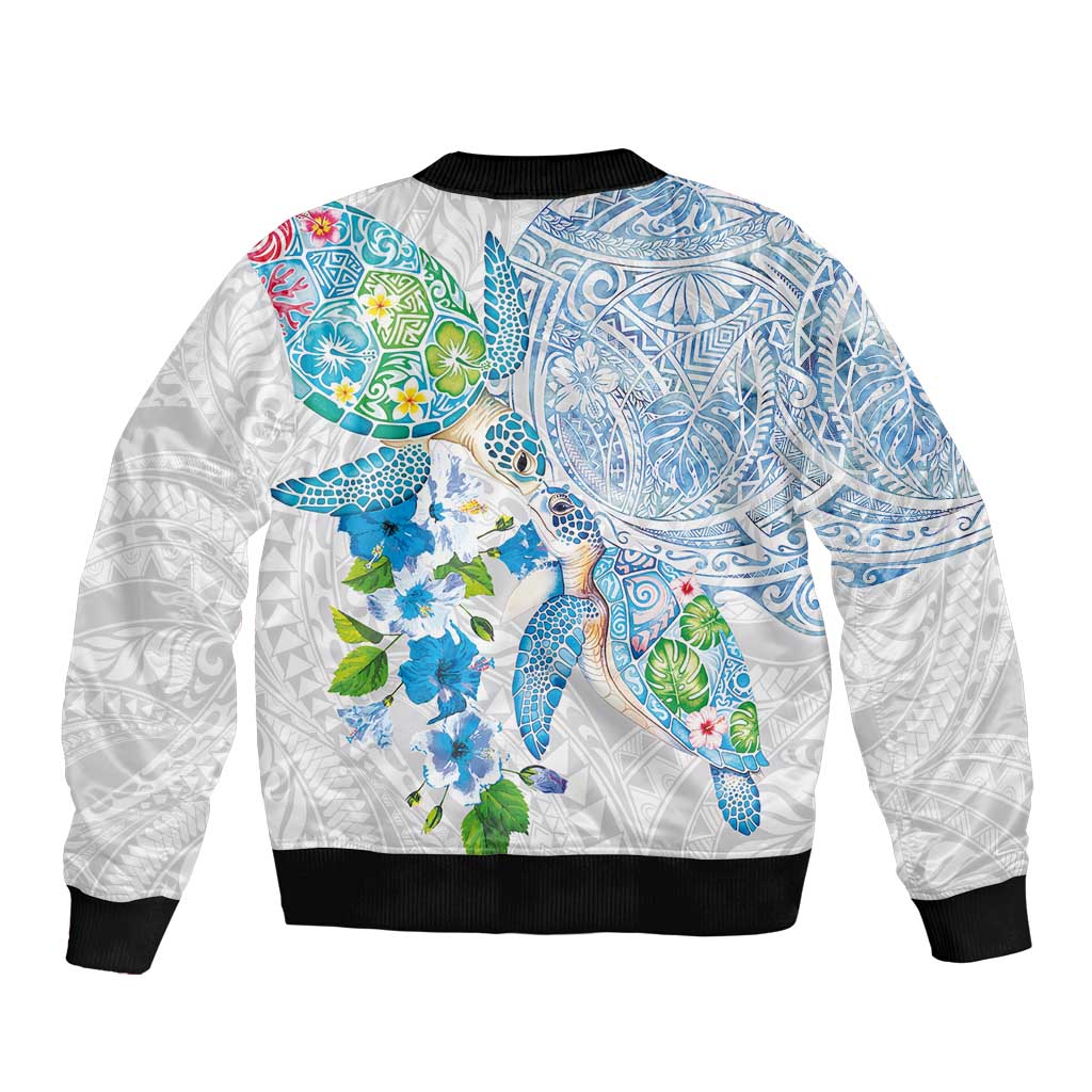 Hawaiian Couple Turtles Honi Sleeve Zip Bomber Jacket Polynesian Art Motifs and Hibiscus White Blue Color - Polynesian Pride