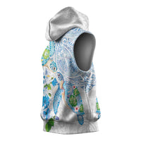 Hawaiian Couple Turtles Honi Sleeveless Hoodie Polynesian Art Motifs and Hibiscus White Blue Color - Polynesian Pride