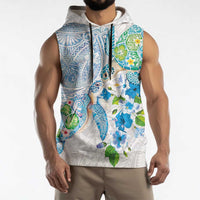 Hawaiian Couple Turtles Honi Sleeveless Hoodie Polynesian Art Motifs and Hibiscus White Blue Color - Polynesian Pride