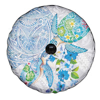 Hawaiian Couple Turtles Honi Spare Tire Cover Polynesian Art Motifs and Hibiscus White Blue Color - Polynesian Pride