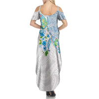 Hawaiian Couple Turtles Honi Summer Maxi Dress Polynesian Art Motifs and Hibiscus White Blue Color - Polynesian Pride