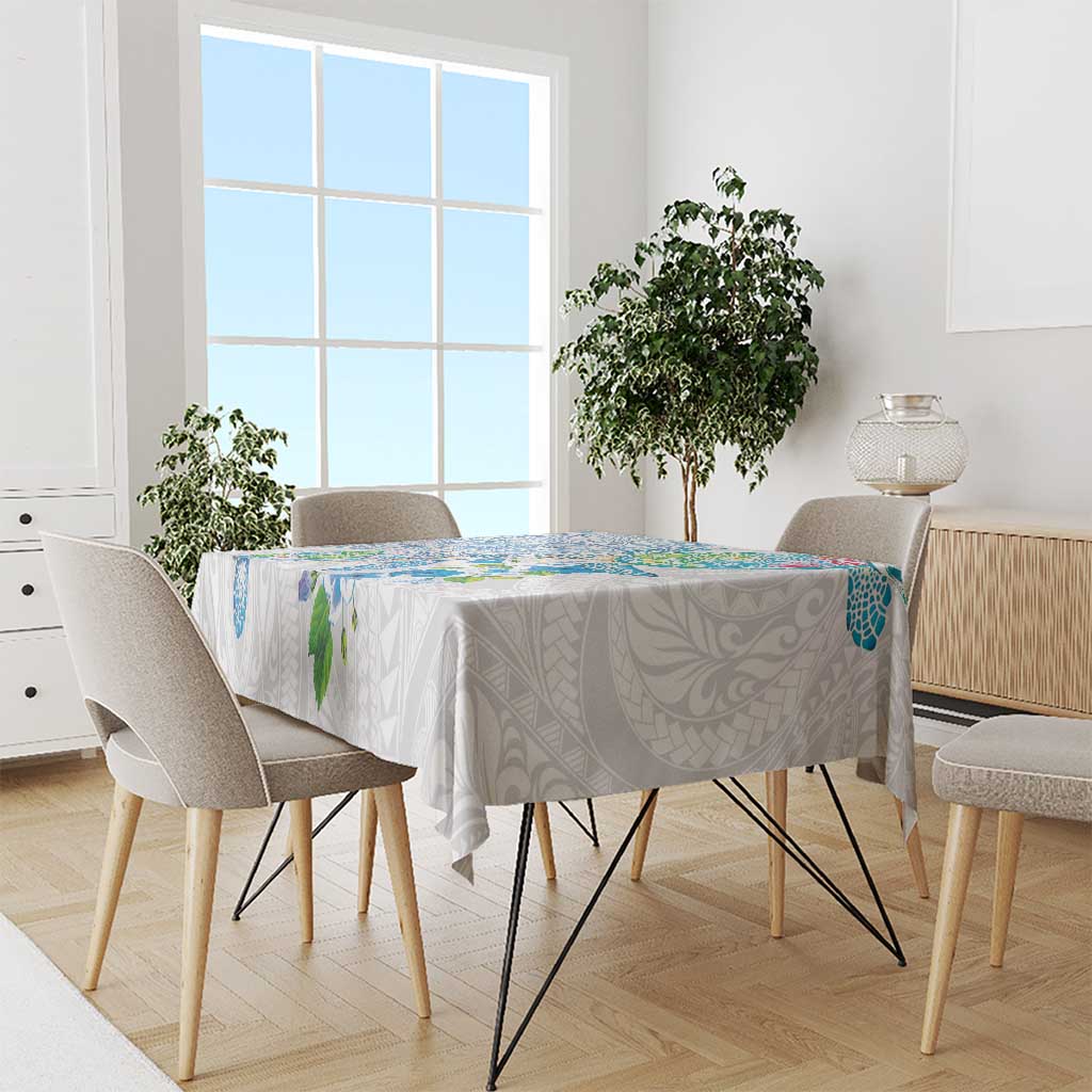 Hawaiian Couple Turtles Honi Tablecloth Polynesian Art Motifs and Hibiscus White Blue Color - Polynesian Pride