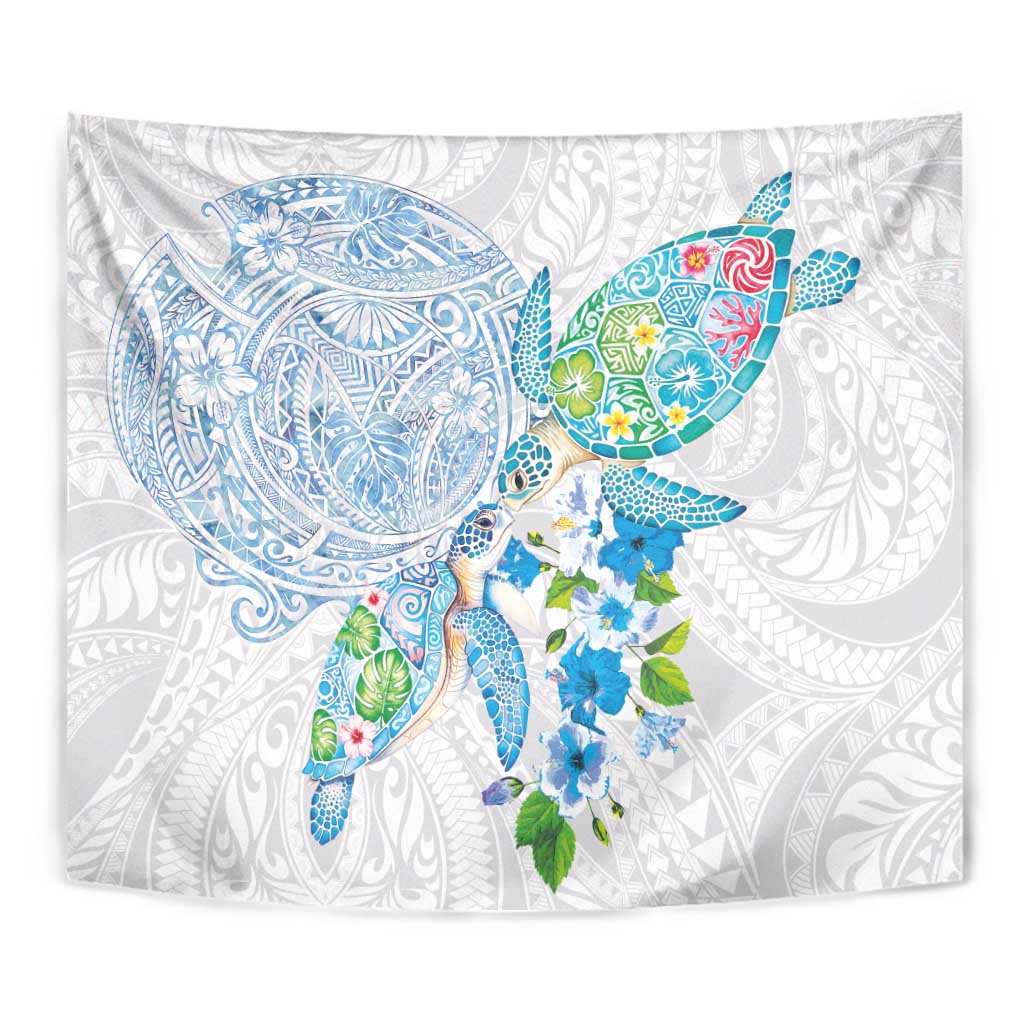 Hawaiian Couple Turtles Honi Tapestry Polynesian Art Motifs and Hibiscus White Blue Color - Polynesian Pride