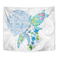 Hawaiian Couple Turtles Honi Tapestry Polynesian Art Motifs and Hibiscus White Blue Color - Polynesian Pride