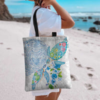 Hawaiian Couple Turtles Honi Tote Bag Polynesian Art Motifs and Hibiscus White Blue Color - Polynesian Pride