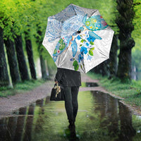 Hawaiian Couple Turtles Honi Umbrella Polynesian Art Motifs and Hibiscus White Blue Color - Polynesian Pride